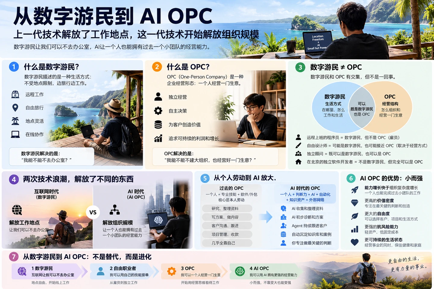 从数字游民到AI OPC：从地点自由走向组织规模自由的概念图