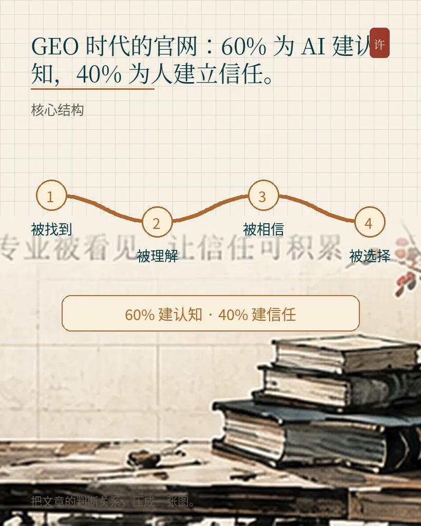 GEO 时代的官网：60% 为 AI 建认知，40% 为人建立信任。｜文章结构图