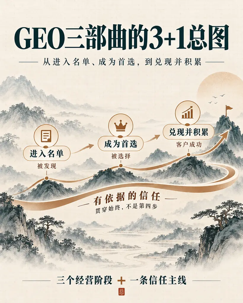 GEO三部曲的3+1总图:进入名单、成为首选、兑现并积累,有依据的信任贯穿始终